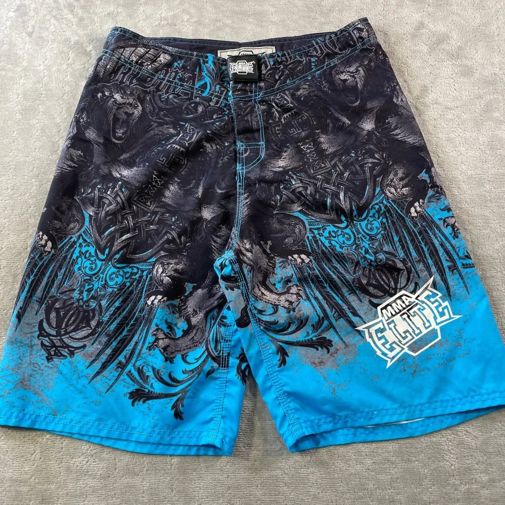 MMA Elite Board Shorts Mens Medium Black Blue Lion Y2K MMA Fighting Training